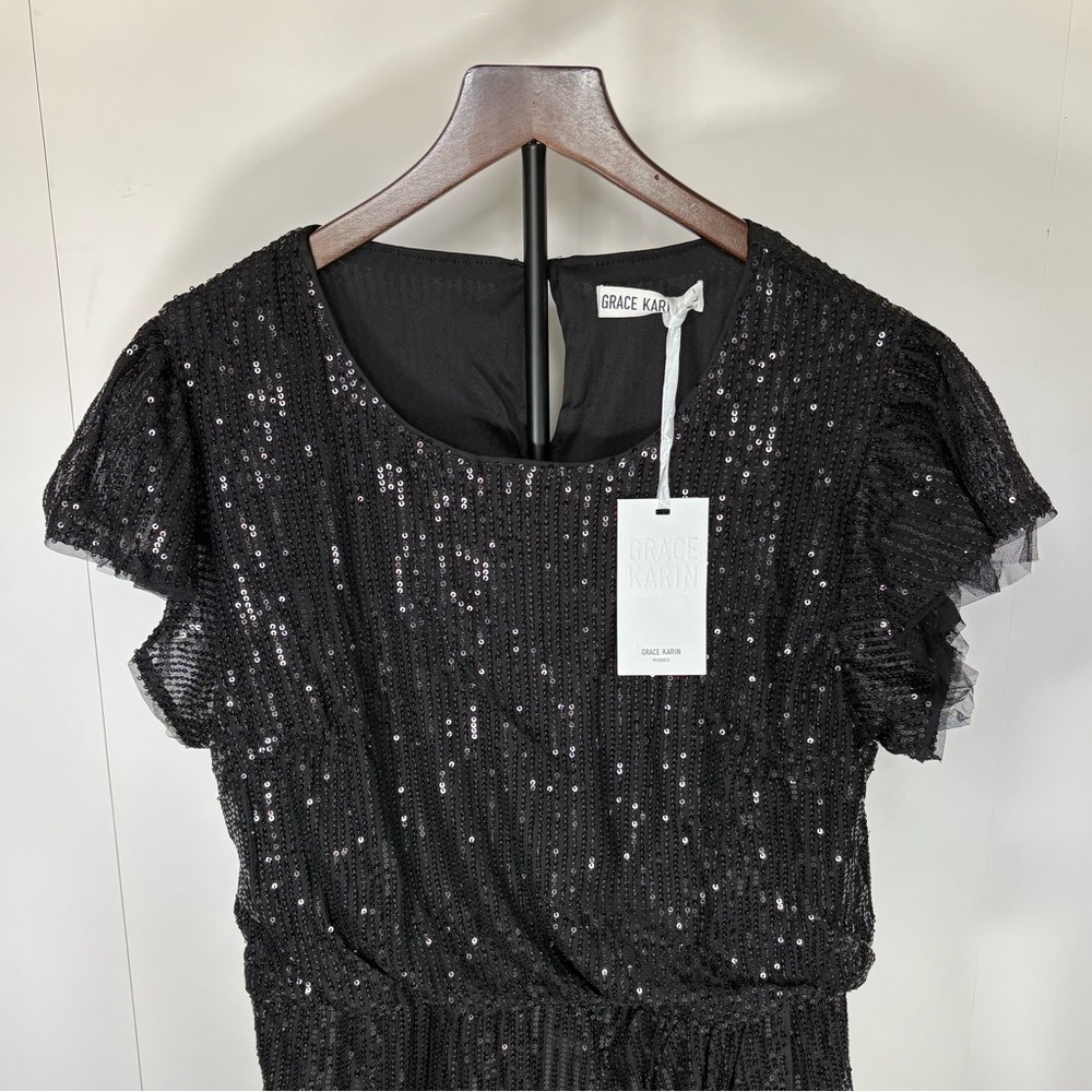 Grace Karin Women’s Black Sparkly Sequin Cap Sleeve Elegant Dress Large (L) NWT - Picture 3 of 5
